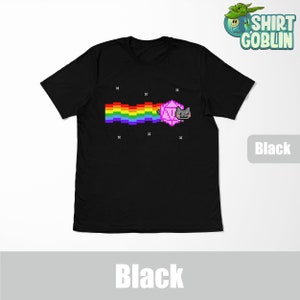 May include: Black t-shirt with a pixelated rainbow and a cat chasing a pink dice.