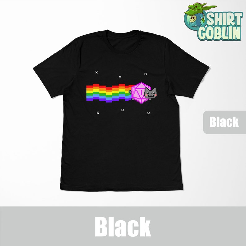 May include: Black t-shirt with a pixelated rainbow and a cat chasing a pink dice.