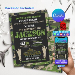 Bearbeitbare Armee-Einladung, Armee-Geburtstags-Einladung, Armee-Einladung, Armee-Party-personalisierte einladen, Armee einladen, Soldateneinladung, CANVAGT04