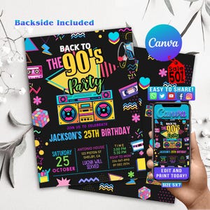 Bearbeitbare 90er Geburtstagsfeier-Einladung, zurück in die 90er Jahre, Neon Party, Glow Dance Disco 2000s, Geburtstag 90er sofort Download