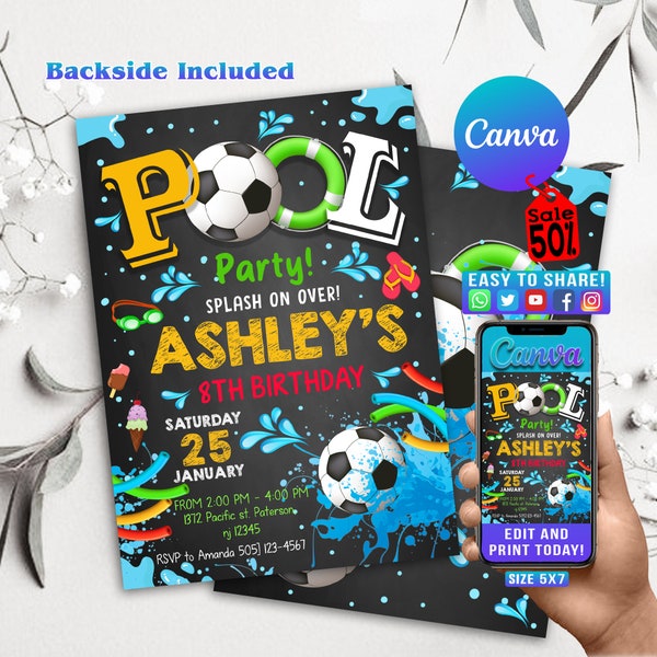 Editable Soccer Summer Pool Party Birthday Invitation - Sports Pool Party Splish Splash Invite - Boy Football Soccer Pool Party, GT01