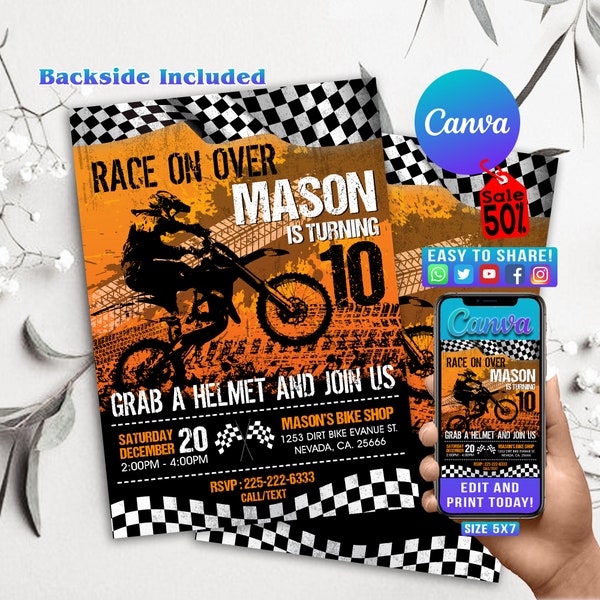 Dirt Bike Birthday Invitation, Editable Birthday Bash Party, Motorbike Kick Start your Engine, Braap Motorcross Template INSTANT, GT03