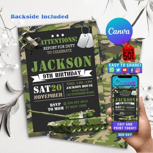 Editable Army Invitation, Army Birthday Invitation, Army Invitation, Army Party Personalized Invite, Army Invite, Soldier invite, CANVA GT05