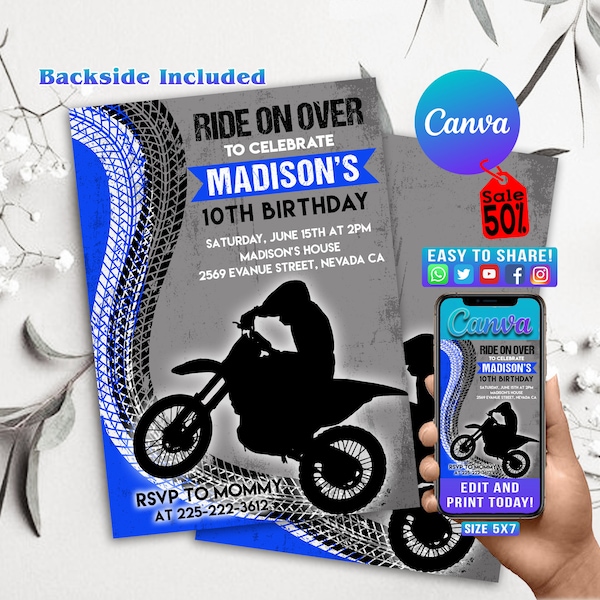 Dirt Bike Birthday Invitation, Editable Birthday Bash Party, Motorbike Kick Start your Engine, Braap Motorcross Template INSTANT, GT02