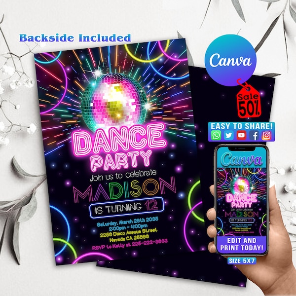 Editable Dance Party Invitation Tie Dye Dance Party Invitation Glow Tie Dye Dance Party Neon Glow Disco Dance Party Instant Download G03