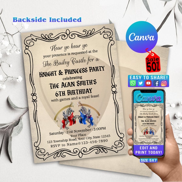 Editable Medieval Knight Birthday Invitation, KNIGHT Theme Birthday Party Invitation Template, Medieval Birthday Party Invite