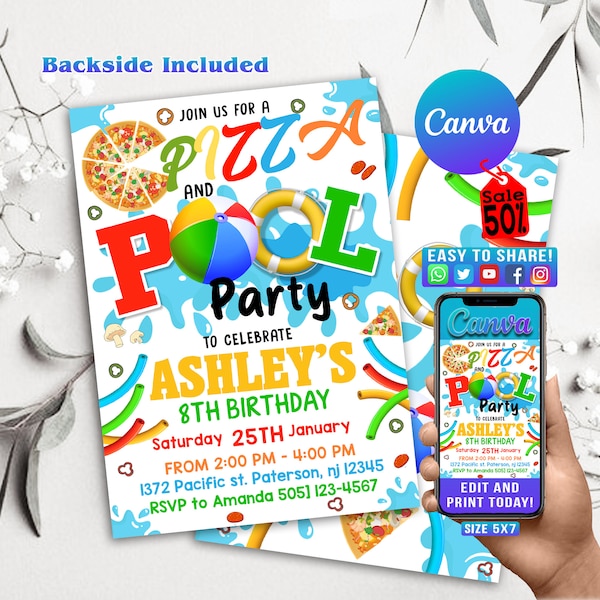 Pizza Pool Party Invitation, Boy Pool Party, Pizza and Pool Party Invite, Swimming Party, Instant Download, Editable Template, GT02