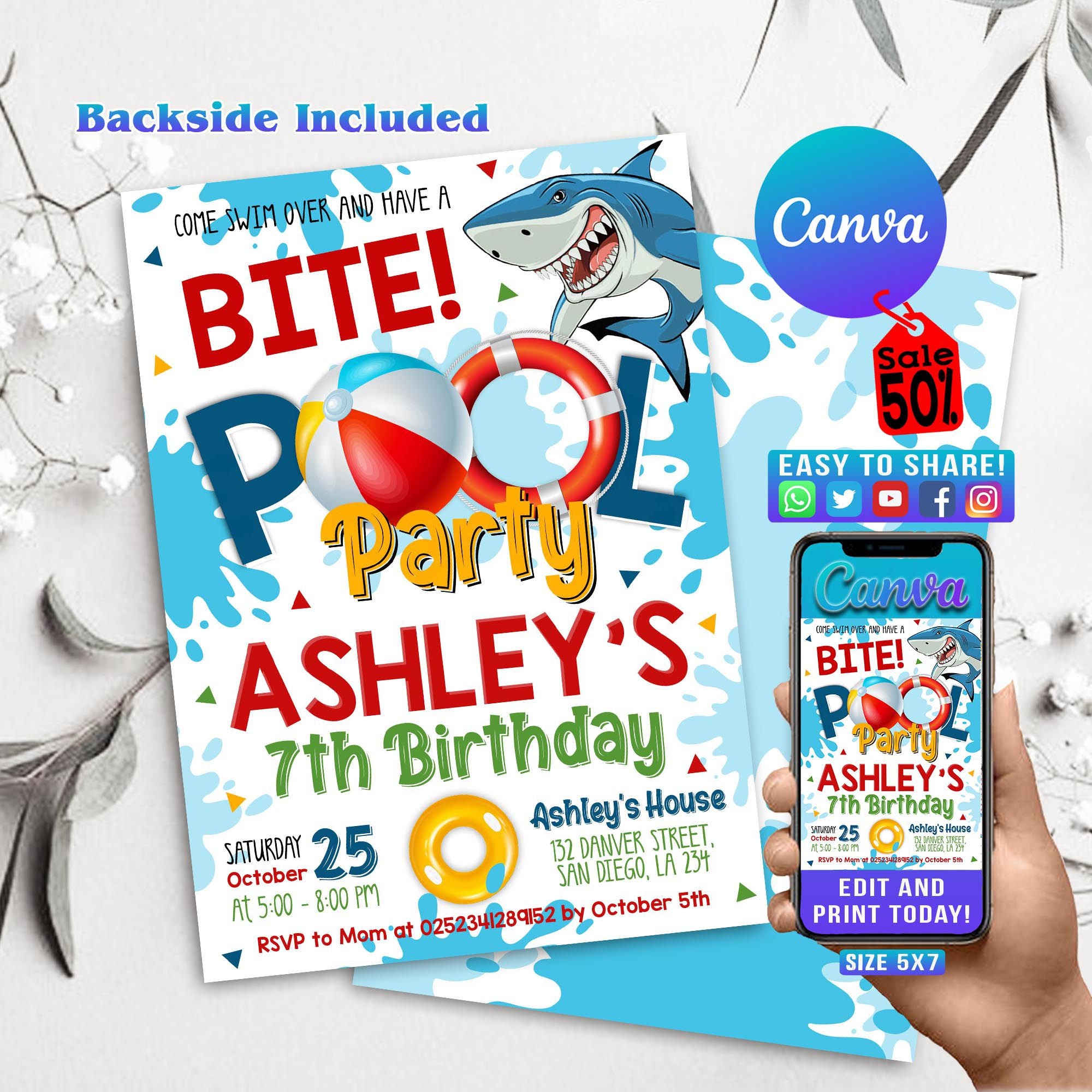 Editable Shark Pool Party Invitation, Shark Birthday Party Invitation, Pool Party, Shark Pool, Summer Party Invites, Instant Download