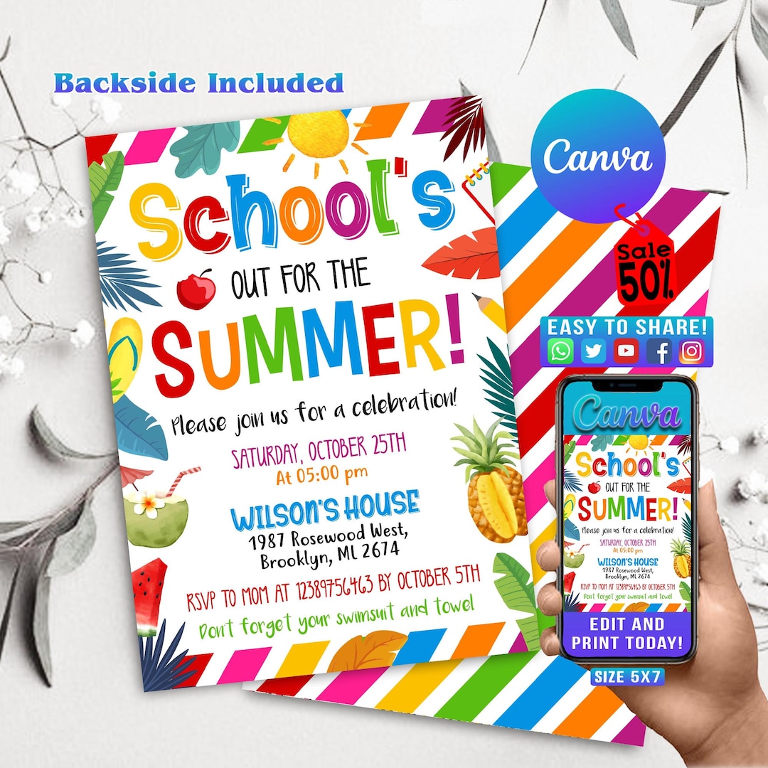 Editable End of School Party Schools Out Party Invitation, Download ...