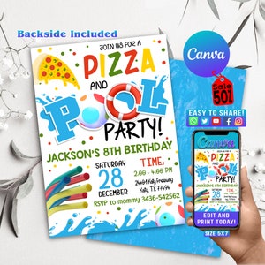 Pizza Pool Party Invitation, Boy Pool Party, Pizza and Pool Party Invite, Swimming Party, Download istantaneo, Modello modificabile, Pool GT01