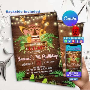 Faire-part d'anniversaire Luau, Faire-part de fête Luau, Faire-part Luau, Faire-part d'anniversaire hawaïen, Invitation hawaïenne, Invitation Luau modifiable