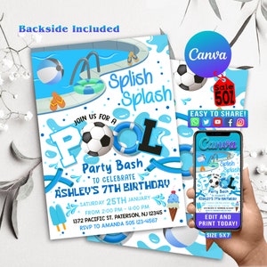 Bearbeitbare Fußball Sommer Pool Party Geburtstagseinladung - Sport Pool Party Splish Splash Invite - Jungen Fußball Fußball Pool Party,GT02