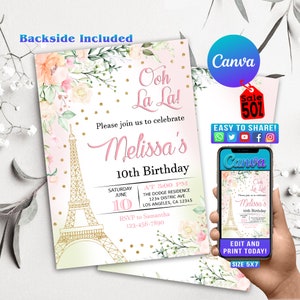 Modelo de convite de aniversário de Paris, convite de festa de aniversário de Paris, Torre Eiffel, Oh La La, festa de aniversário com tema de Paris, Paris, GT03