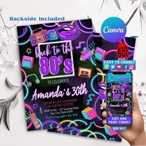 Faire-part d'anniversaire des années 80 et 90, invitation à une fête des années 80 et 90, fête d'anniversaire des années 80, invitation à thème des années 80, néon, invitation rétro des années 80, invitation des années 80 et 90
