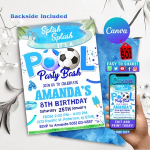 Bearbeitbare Fußball-Sommer-Lager-Party-Geburtstags-Einladung, Sport-Lager-Party-Splish Splash einladen, Jungen-Fußball-Fußball-Lager-Party, FußballGT03