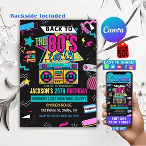 Convite editável para festa de aniversário dos anos 80 de volta aos anos 80 Festa neon brilho dança disco Aniversário dos anos 2000 Download instantâneo dos anos 90