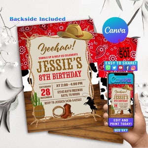 Cowboy-Einladung, Western-Geburtstags-Party Einladung, Cowboy Rodeo-Geburtstags-Einladung, rustikales Holz, bearbeitbar, Landeinladung,GT02