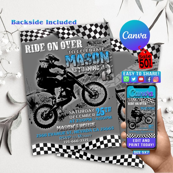 Dirt Bike Birthday Invitation, Editable Birthday Bash Party, Motorbike Kick Start your Engine, Braap Motorcross Template INSTANT, GT01