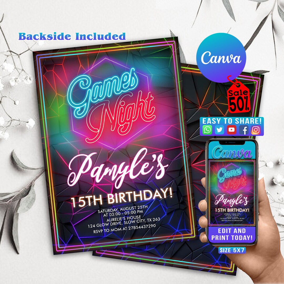 Game Night Invitation, Editable Game Night Neon Glow Birthday Party