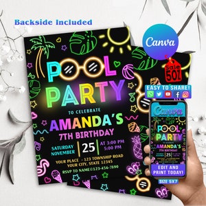 Bewerkbare zwembadfeestuitnodiging, Glow waterpark uitnodigen, Tropische neon verjaardag zwembadfeestuitnodiging zwemfeest instant download, Zwembad