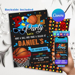 Convite para festa de aniversário na piscina de basquete editável, modelo instantâneo para download, festa esportiva infantil na piscina, festa de basquete