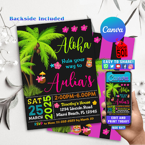 Luau verjaardagsuitnodiging, Luau-feestuitnodiging, Luau-uitnodiging, Hawaiiaanse verjaardagsuitnodiging, Hawaiiaanse uitnodiging, bewerkbare Luau-uitnodiging
