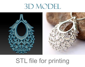 Peut inclure: Un pendentif imprimé en 3D avec un design délicat et complexe. Le pendentif est en argent et a une forme de larme. Le pendentif est présenté sur un rocher, avec un modèle 3D du pendentif affiché sur le côté gauche de l'image. Le texte "3D MODEL" est en haut de l'image et le texte "STL file for printing" est en bas de l'image.