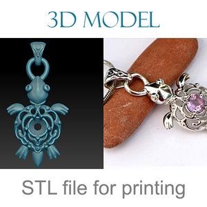 Turtle Pendant Jewelry 3D Model STL, Ornamental Gem Necklace Design for 3D Printing