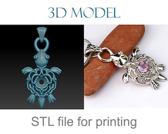 Turtle Pendant Jewelry 3D Model STL, Ornamental Gem Necklace Design for 3D Printing
