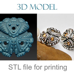 Sculpted 3D model to print - Earrings with latch-back closures, geometric pattern and three small stones.