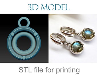 May include: 3D model STL file for printing a pendant and earrings. The pendant is a silver ring with a smaller ring inside. The earrings are silver hoops with a silver circle pendant with a blue gemstone.