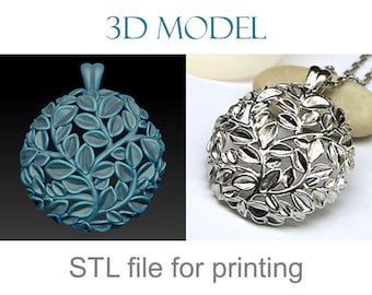 Peut inclure: Modèle 3D d'un pendentif en argent avec un motif de feuilles. Le pendentif est présenté en deux vues : un rendu 3D et une photo du pendentif réel. Le texte "Fichier STL pour l'impression" est sous l'image.