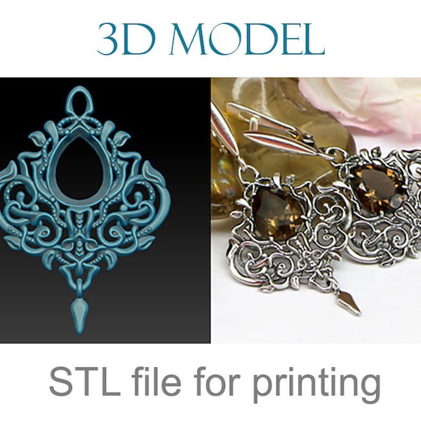 Earrings 3d model for printing. Download digital stl file. Dangle earrings with openwork pattern in fantasy style and pear cut stones