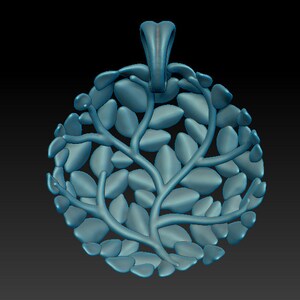 May include: A teal blue pendant shaped like a tree with many leaves. The pendant has a loop at the top for attaching a chain.