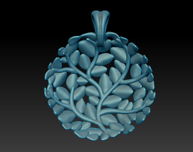 May include: A teal blue pendant shaped like a tree with many leaves. The pendant has a loop at the top for attaching a chain.
