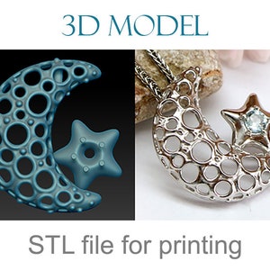 Miniature moon and star pendant. Jewelry 3d model with openwork pattern and one stone. Download digital file for print