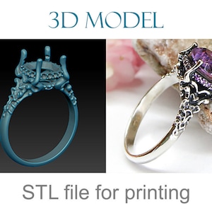 May include: A 3D model of a silver ring with a large purple gemstone and intricate details. The ring is shown in both a 3D rendering and a photograph. The text "STL file for printing" is displayed below the image.