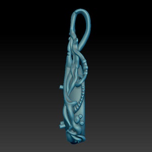 May include: A silver pendant with a detailed, organic design resembling a twisted vine or branch. The pendant has a smooth, polished finish and a loop at the top for attaching a chain.