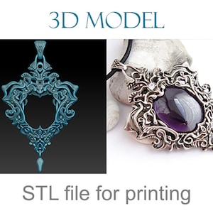 Sculpted jewellery model, stl print file. Vintage style, 3D model for printing. Pendant with stone