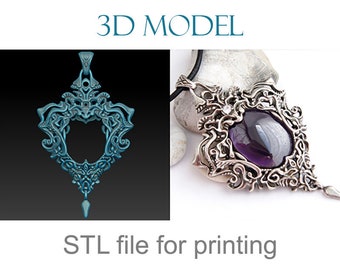 Sculpted jewellery model, stl print file. Vintage style, 3D model for printing. Pendant with stone