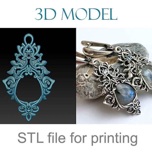 Digital download jewellery 3d model. Dangle earrings with intricate pattern in fantasy style. 3D jewelry design. stl obj