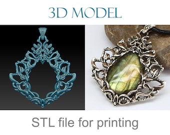 Peut inclure: Modèle 3D d'un pendentif en argent avec une pierre précieuse verte. Le pendentif a la forme d'une larme avec des détails complexes. Le texte "3D MODEL" et "STL file for printing" est visible sur l'image.