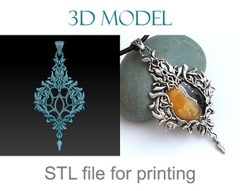 Peut inclure: Un pendentif imprimé en 3D avec un design détaillé et complexe. Le pendentif présente une grande pierre précieuse de forme ovale avec un motif jaune et noir. Le pendentif est de couleur argent et présente un design délicat et orné. Le texte "3D MODEL" est en haut de l'image et le texte "STL file for printing" est en bas de l'image.