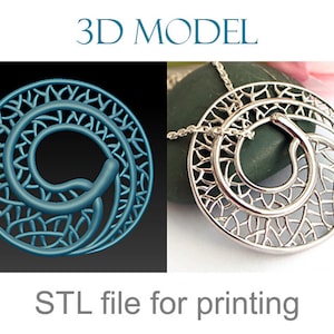 Puede incluir: Un modelo 3D de un colgante de plata con un diseño circular e intrincado. El colgante se muestra en dos vistas: una representación 3D y una fotografía del colgante real. El texto "3D MODEL" y "STL file for printing" también es visible en la imagen.