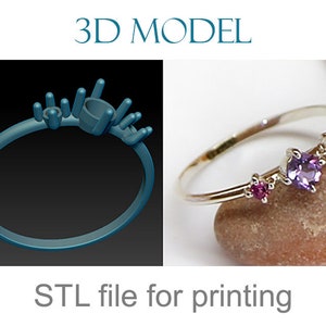 3D model. Digital files for printing. A thin miniature ring with 3 stones