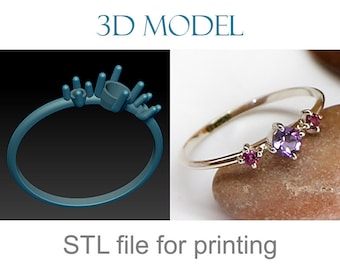 3D model. Digital files for printing - A thin miniature ring with 3 stones