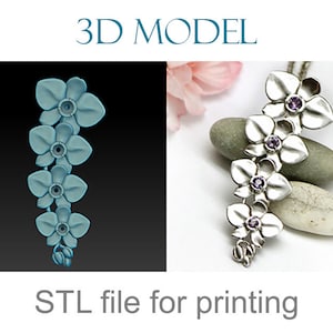 Könnte beinhalten: 3D-Modell eines silbernen Orchideenanhängers mit violetten Edelsteinen. STL-Datei zum Drucken.