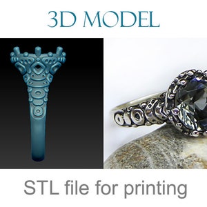 3D ring model for jewelry making. Ring with a big round stone. Sculpted ring, fantasy ring model, 3d jewelry design, ring stl 3d model