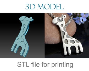 May include: 3D model of a giraffe pendant, shown in a blue digital rendering and a silver pendant on a rock. The text "3D MODEL" is at the top of the image and "STL file for printing" is at the bottom.