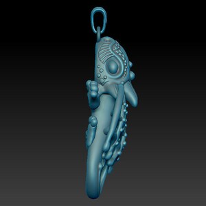 May include: A blue, detailed, 3D printed pendant of a mythical creature with a long tail and intricate designs.